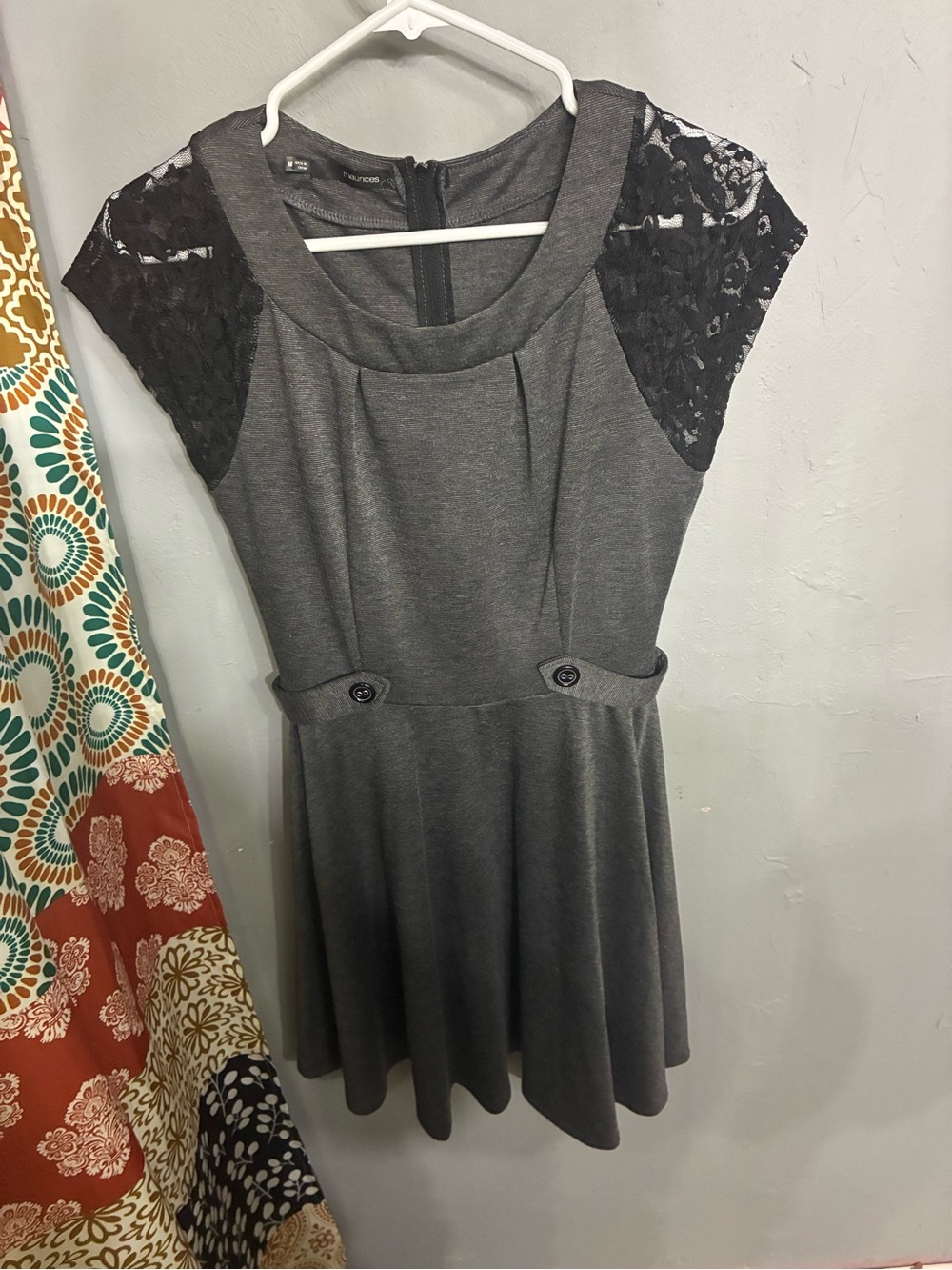 Maurices Gray Fit & Flare Dress with Black Lace Cap Sleeves
